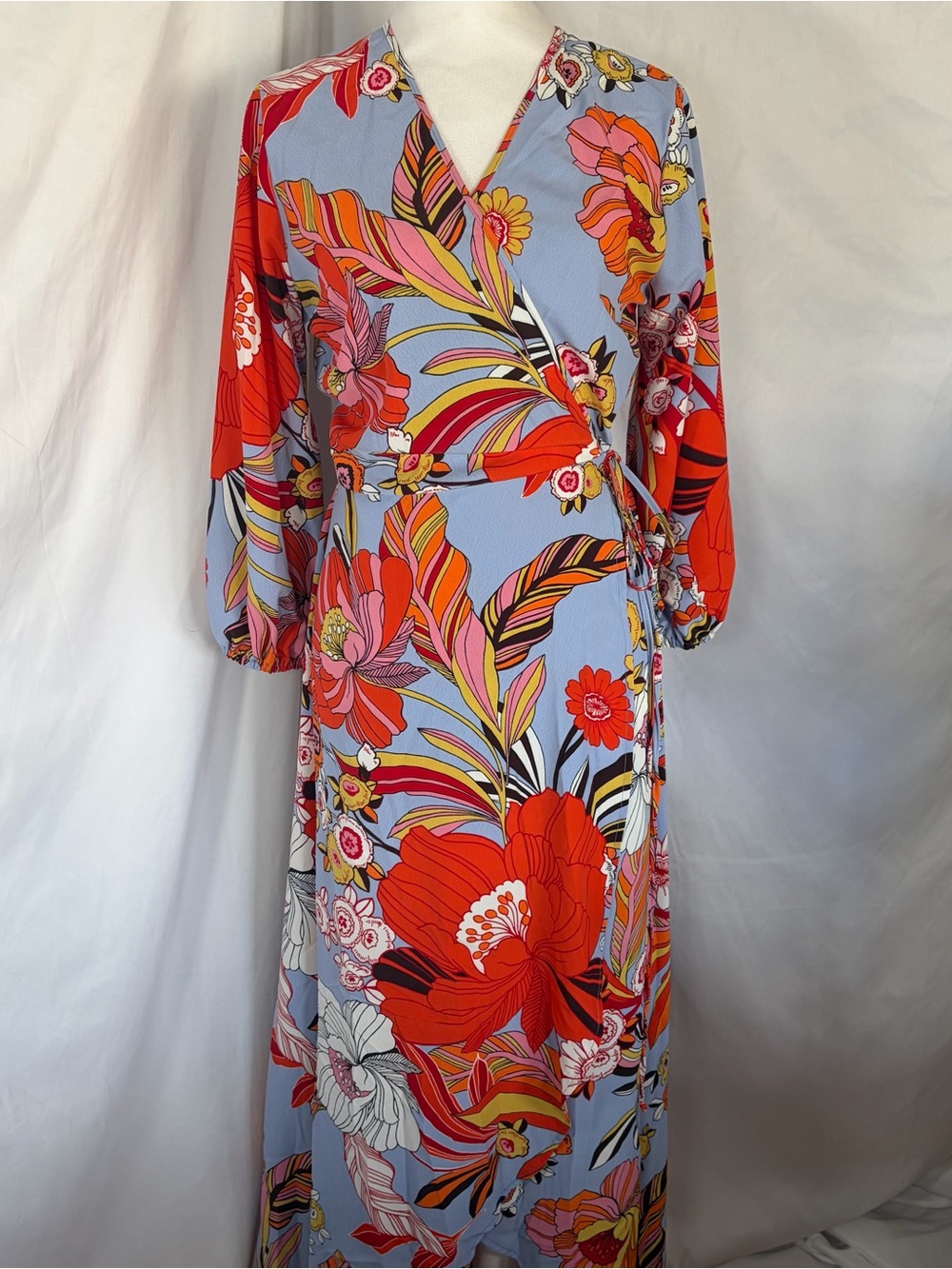 Julian Chang Floral‎ Wrap Hi-Lo Maxi Dress Periwinkle Blue & Orange Red Medium